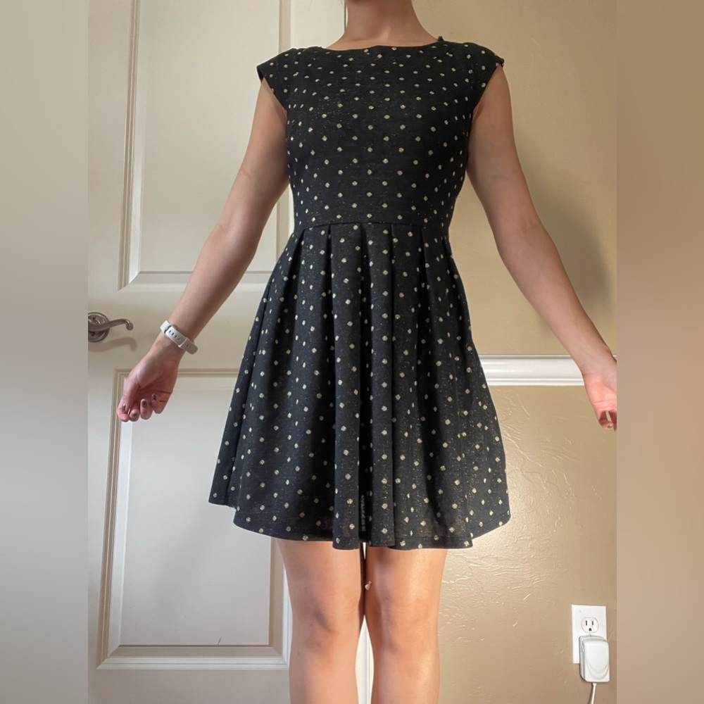 Metallic gold polka dot mini dress